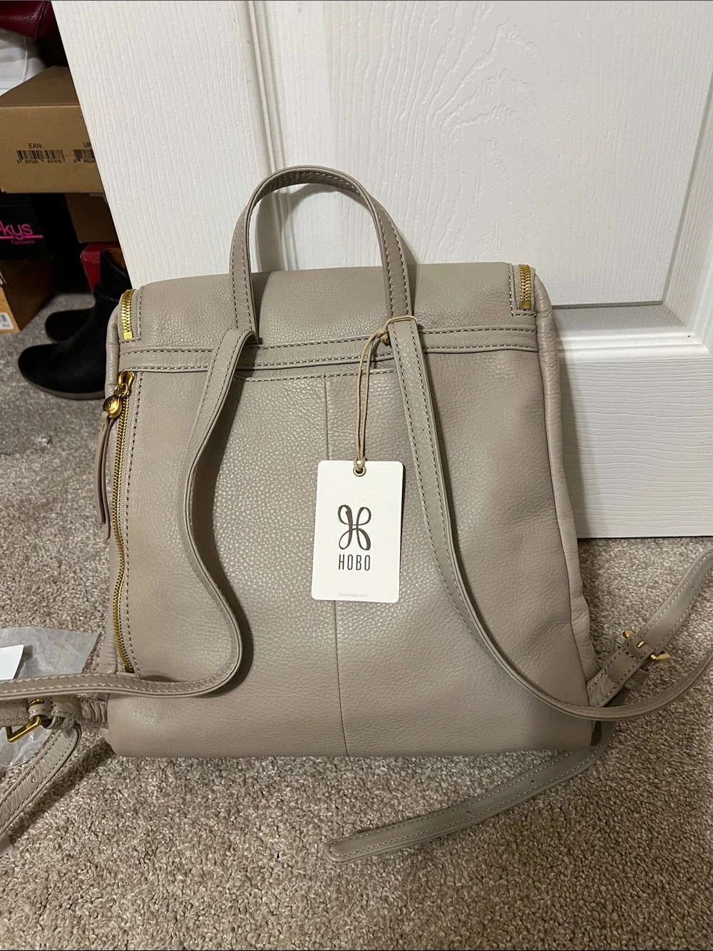 HOBO Taupe Leather Backpack with Gold Hardware